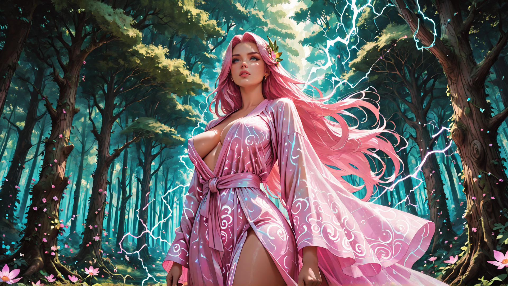 AI generated wallpaper featuring woman, forest, trees, flowers, lightning