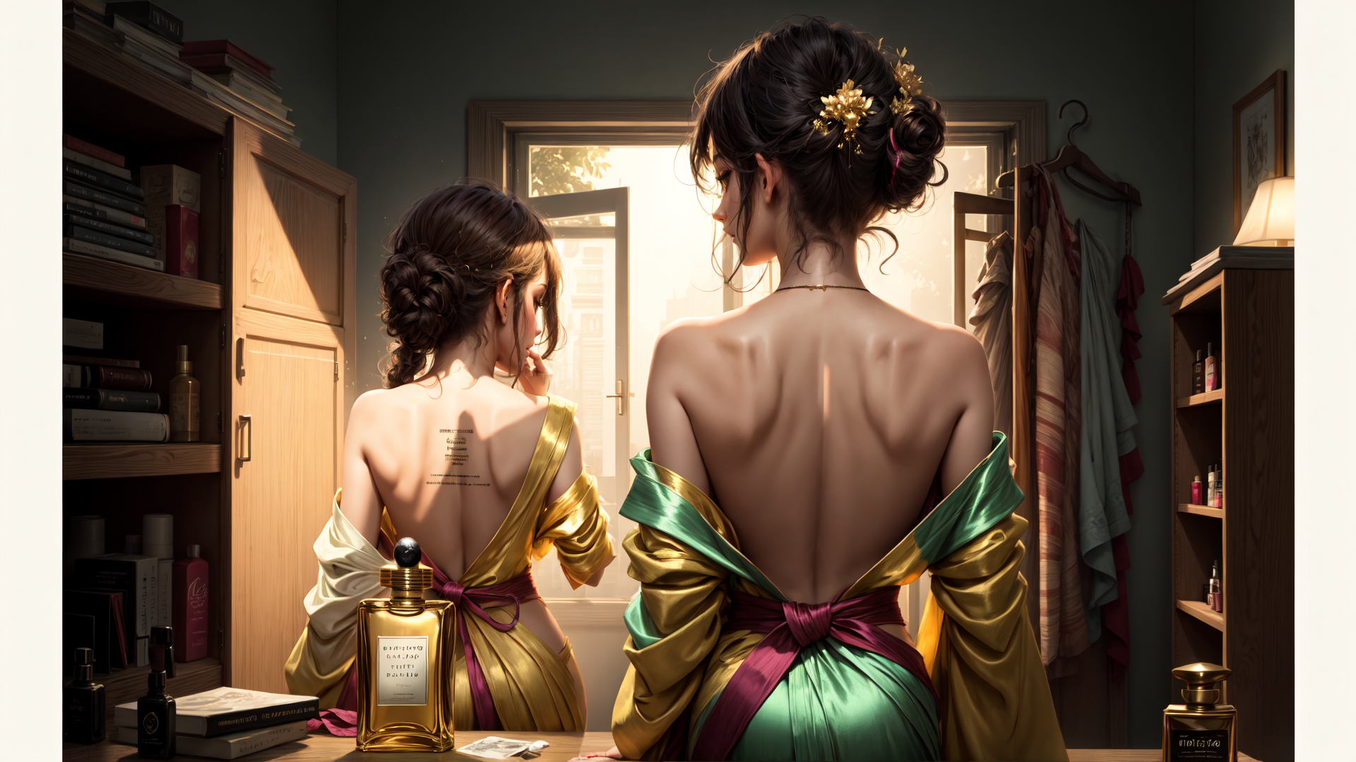 AI generated wallpaper featuring woman, mirror, back, dress, room, bookshelf, perfume, hair, tattoo, window