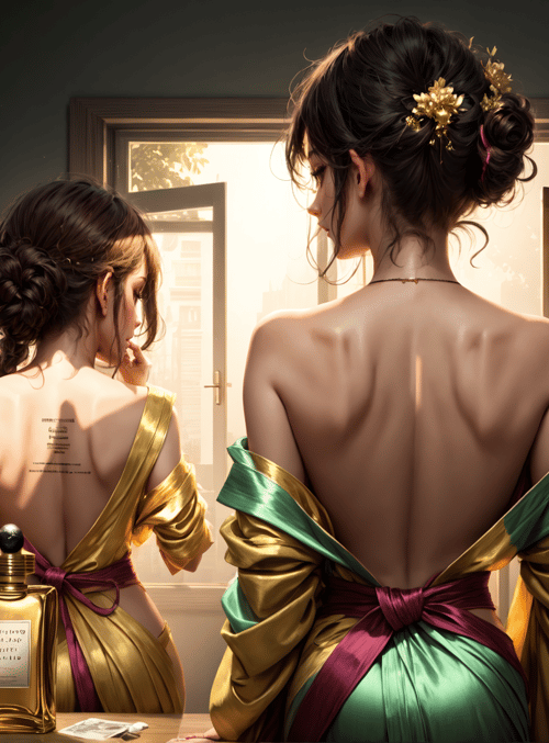 woman, mirror, back, dress, room, bookshelf, perfume, hair, tattoo, window