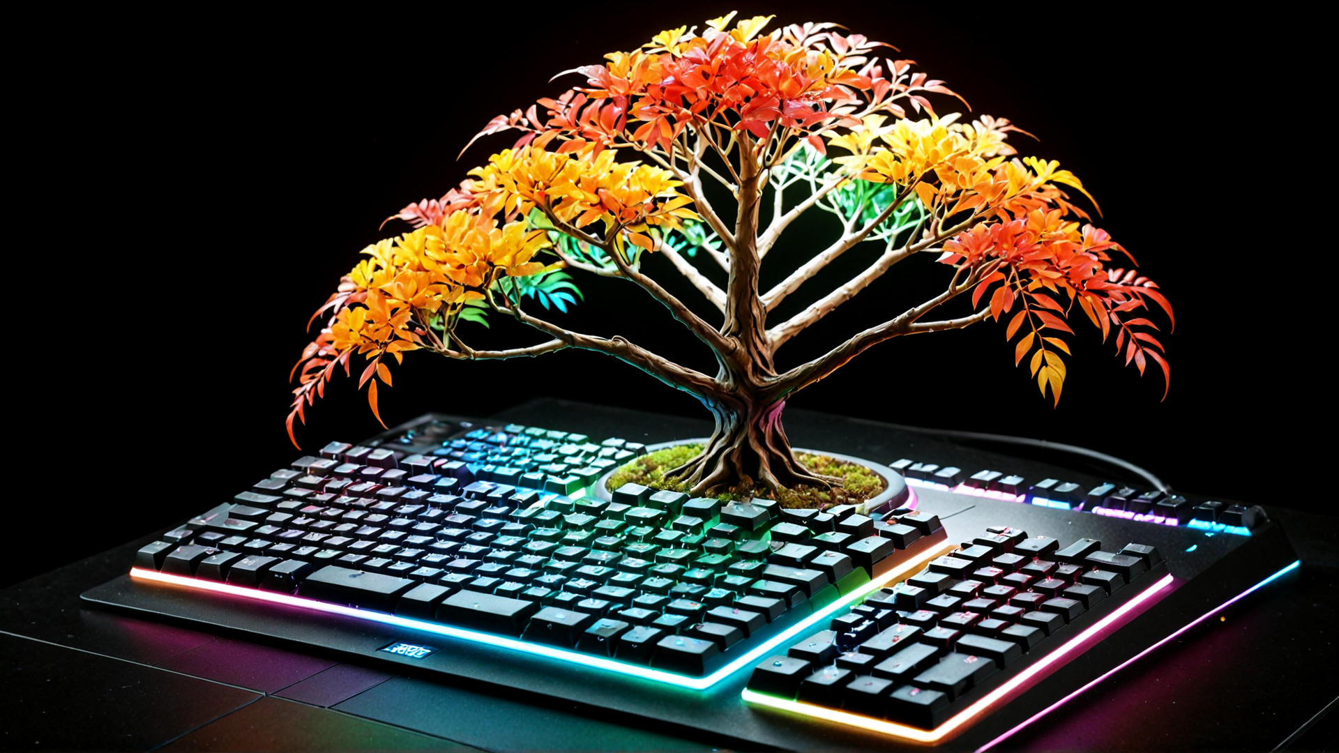 AI generated wallpaper featuring tree, keyboard, gaming