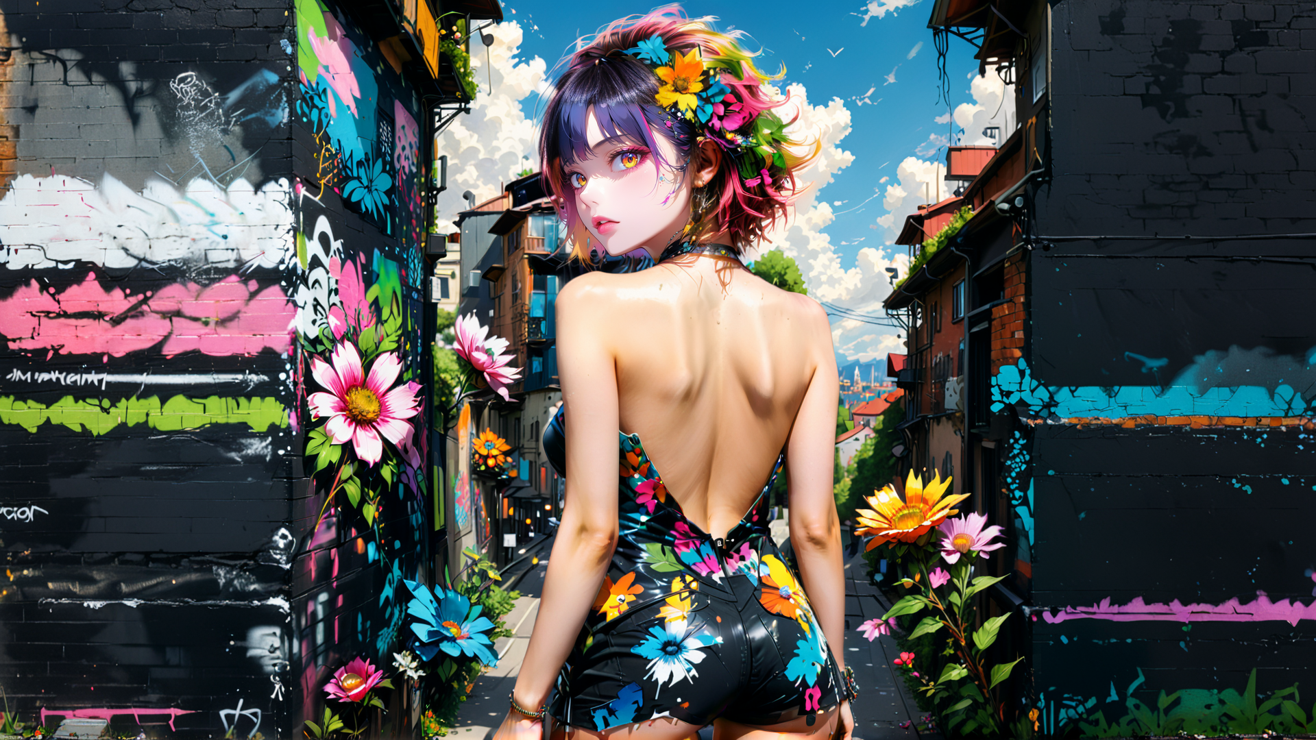 AI generated wallpaper featuring woman, flowers, street