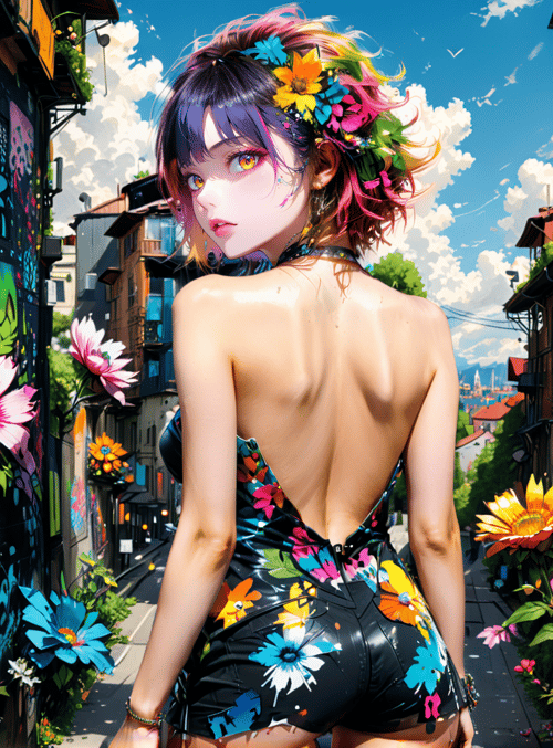 woman, flowers, street