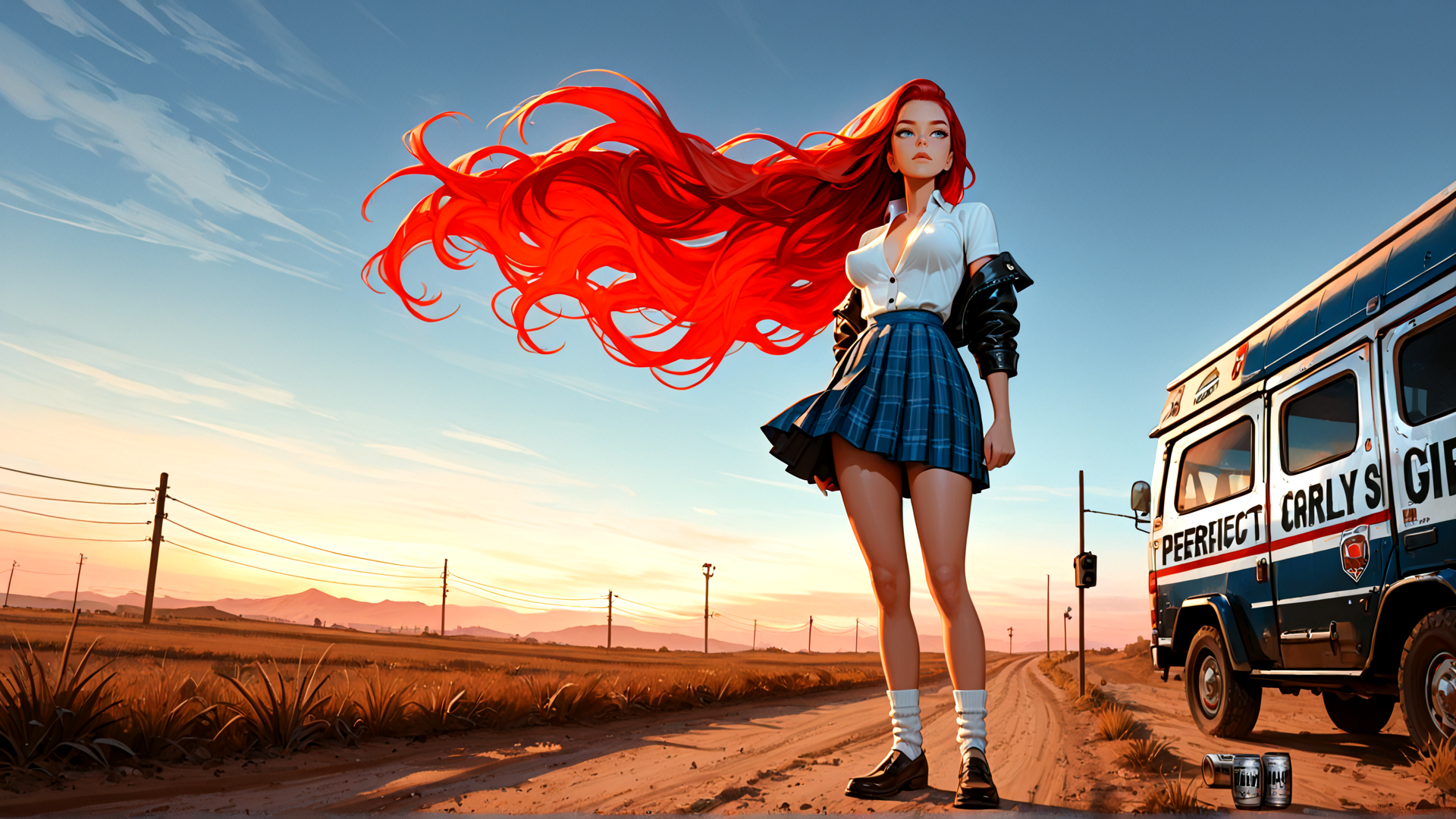 AI generated wallpaper featuring woman, hair, van, road, field
