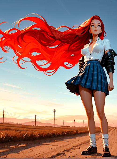 woman, hair, van, road, field