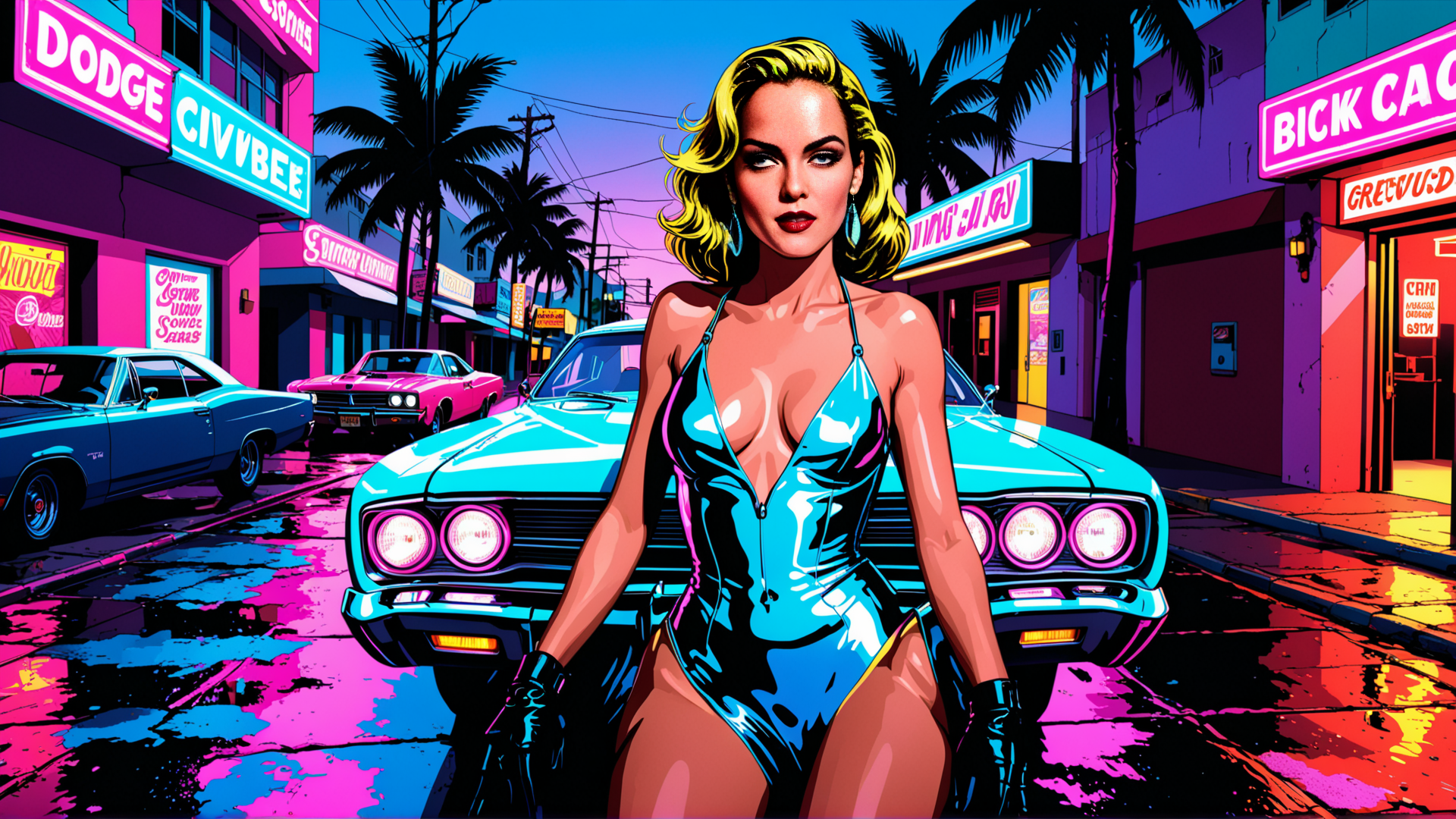 AI generated wallpaper featuring woman, car, street