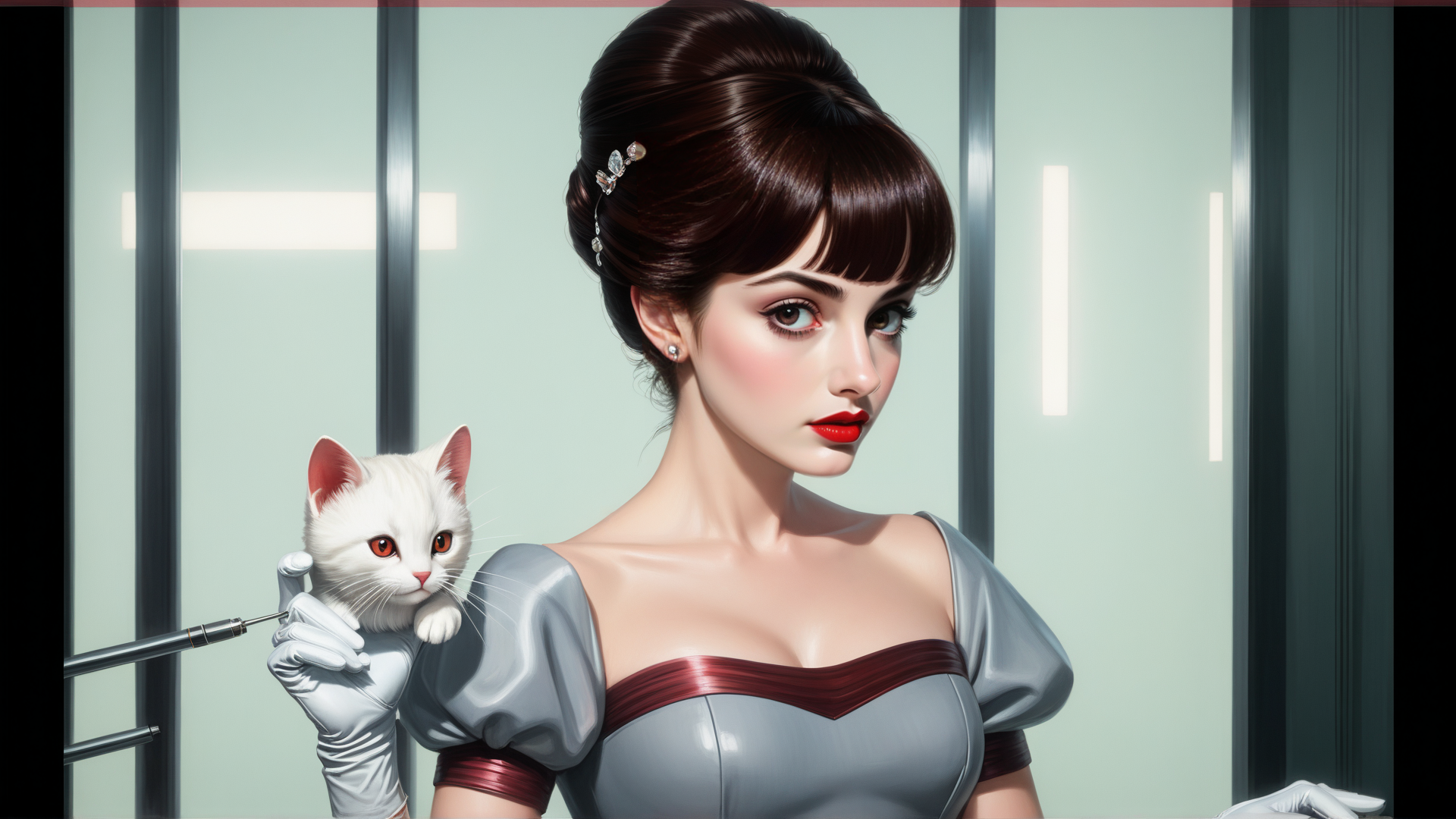 AI generated wallpaper featuring woman, cat, gloves