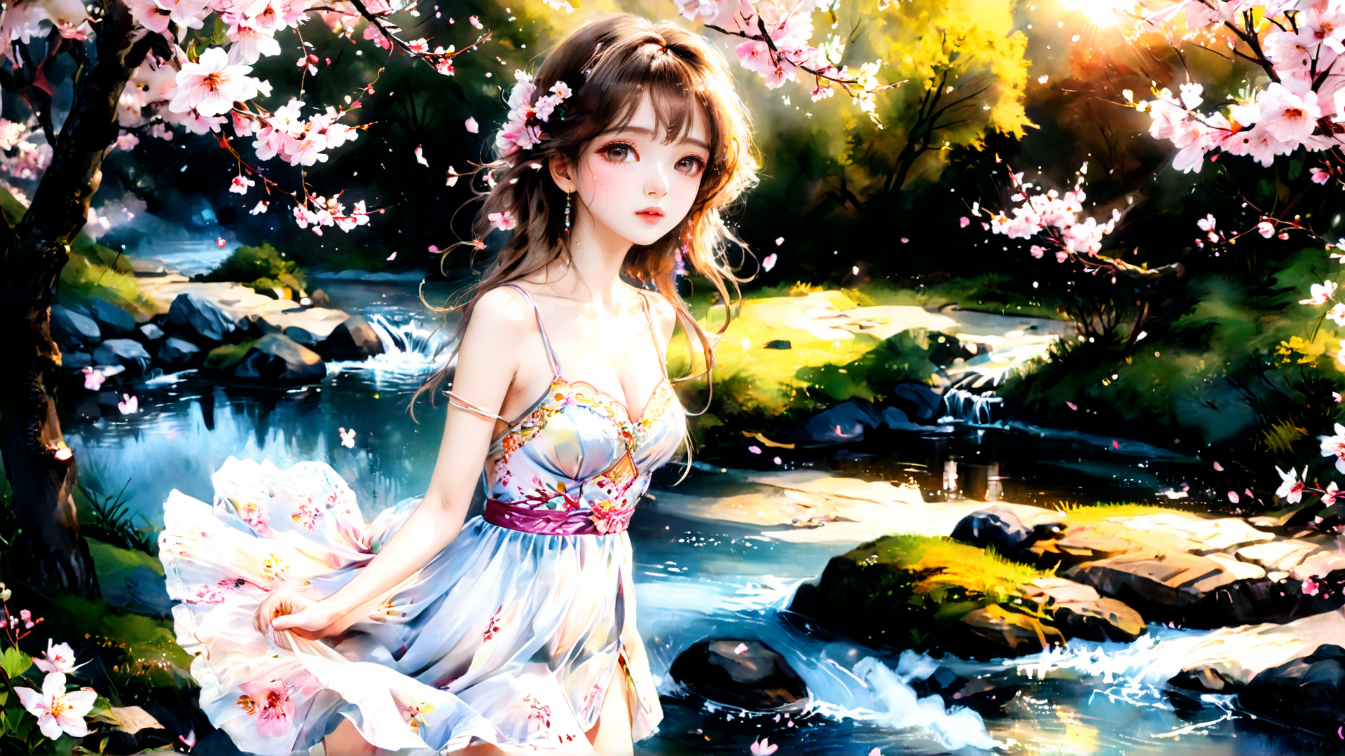 AI generated wallpaper featuring woman, cherry blossoms, stream
