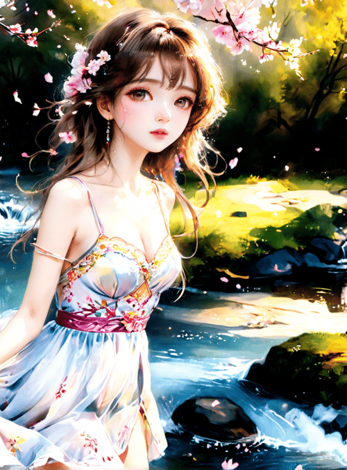 woman, cherry blossoms, stream