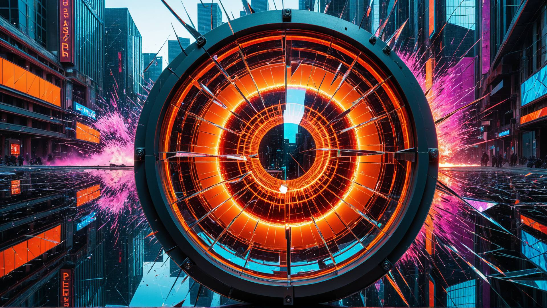 AI generated wallpaper featuring portal, cityscape, neon, buildings, sparks