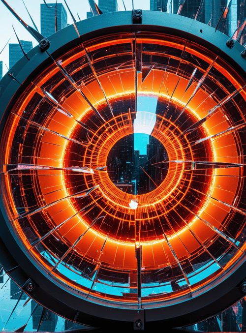 portal, cityscape, neon, buildings, sparks