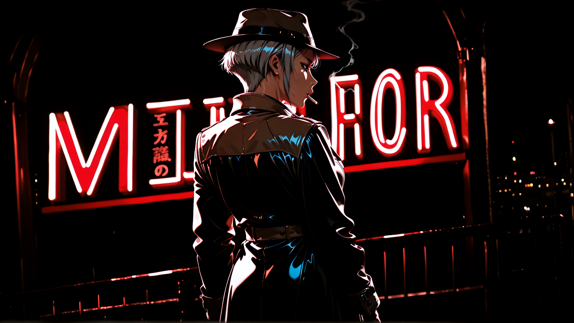 AI generated wallpaper featuring person, neon sign, hat, coat, cigarette