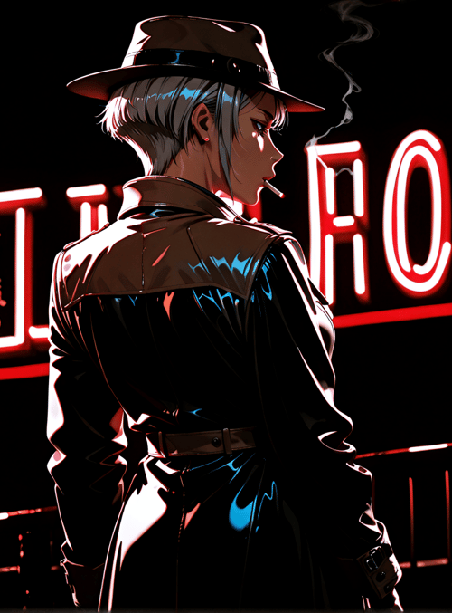 person, neon sign, hat, coat, cigarette