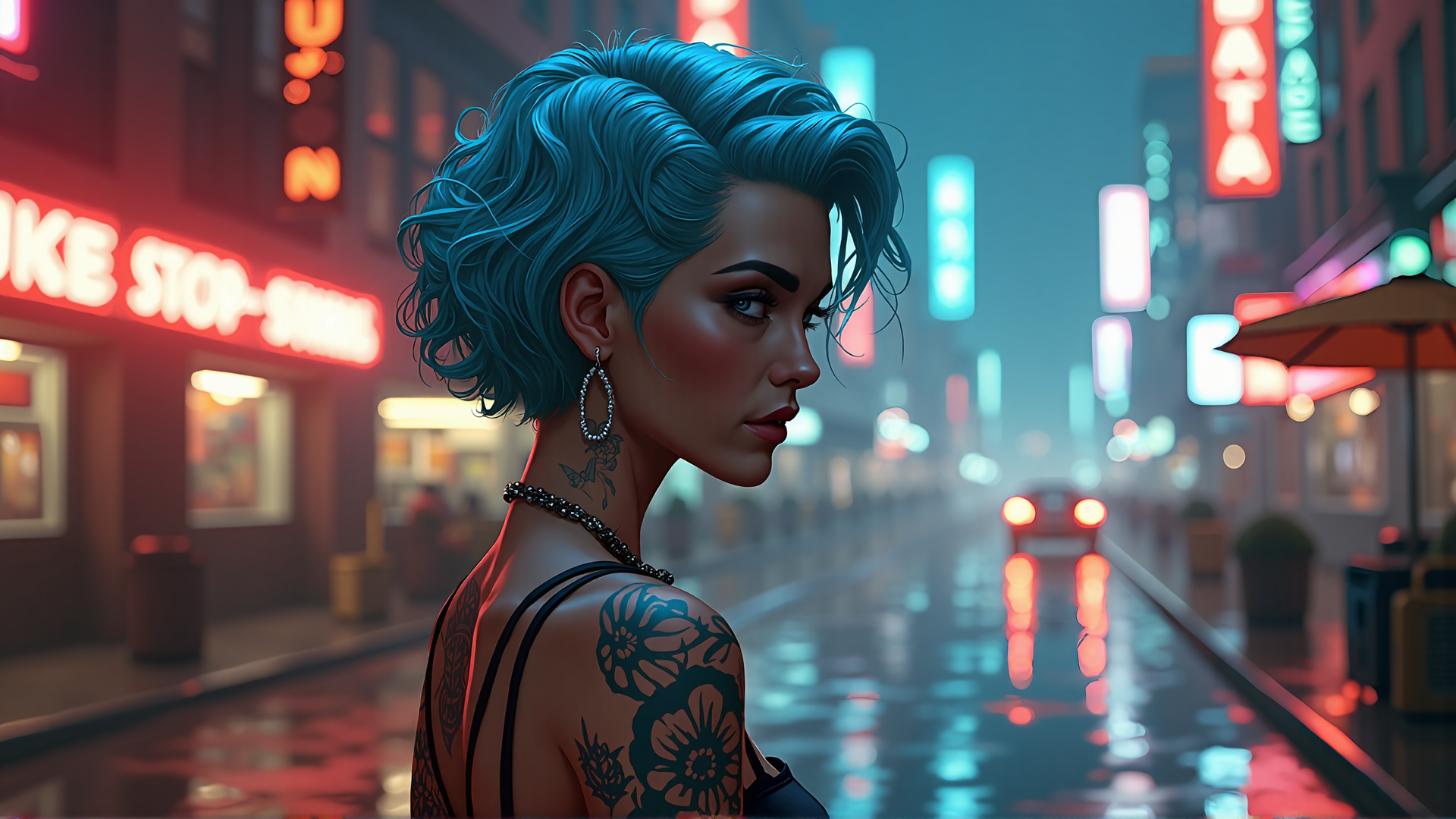 AI generated wallpaper featuring woman, tattoo, neon, city, street