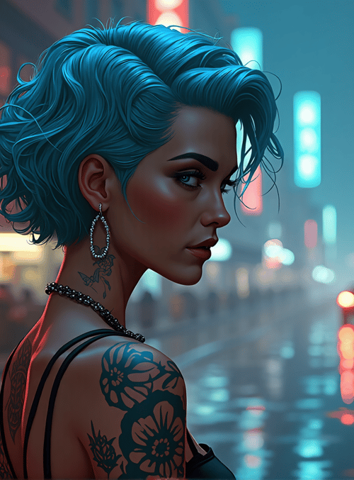woman, tattoo, neon, city, street