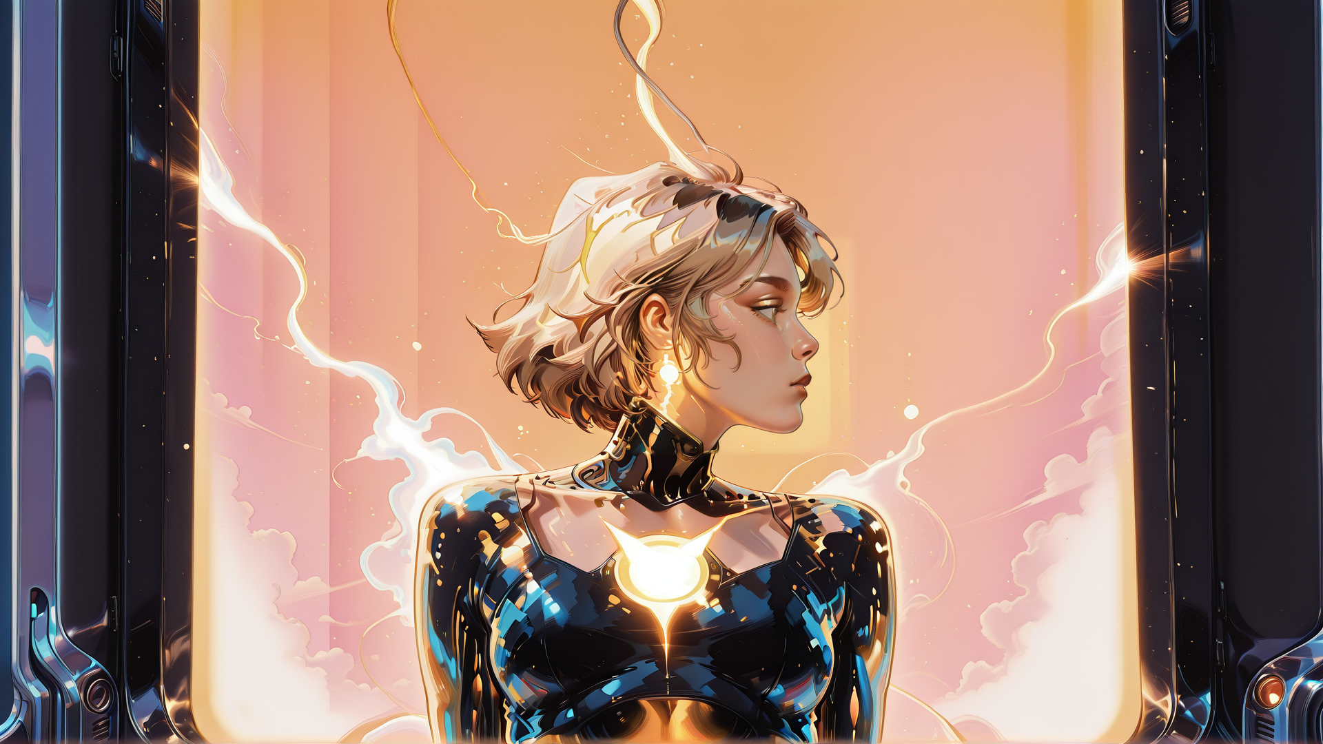 AI generated wallpaper featuring cyborg, robot, woman, futuristic, machine, neon, glow, soul, tech