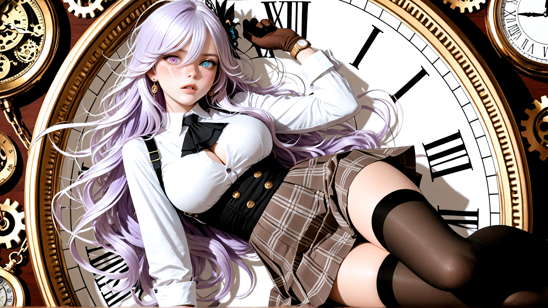 AI generated wallpaper featuring girl, clock, gears, school uniform, purple hair