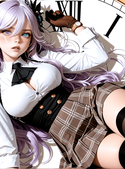 girl, clock, gears, school uniform, purple hair