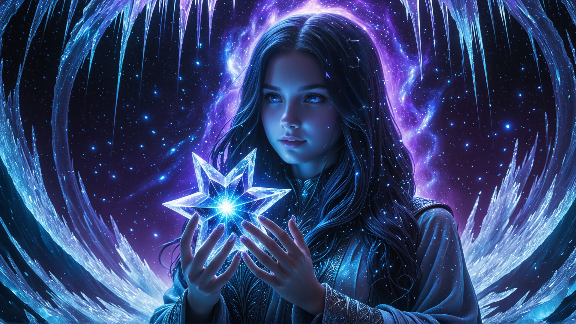 AI generated wallpaper featuring woman, star, ice