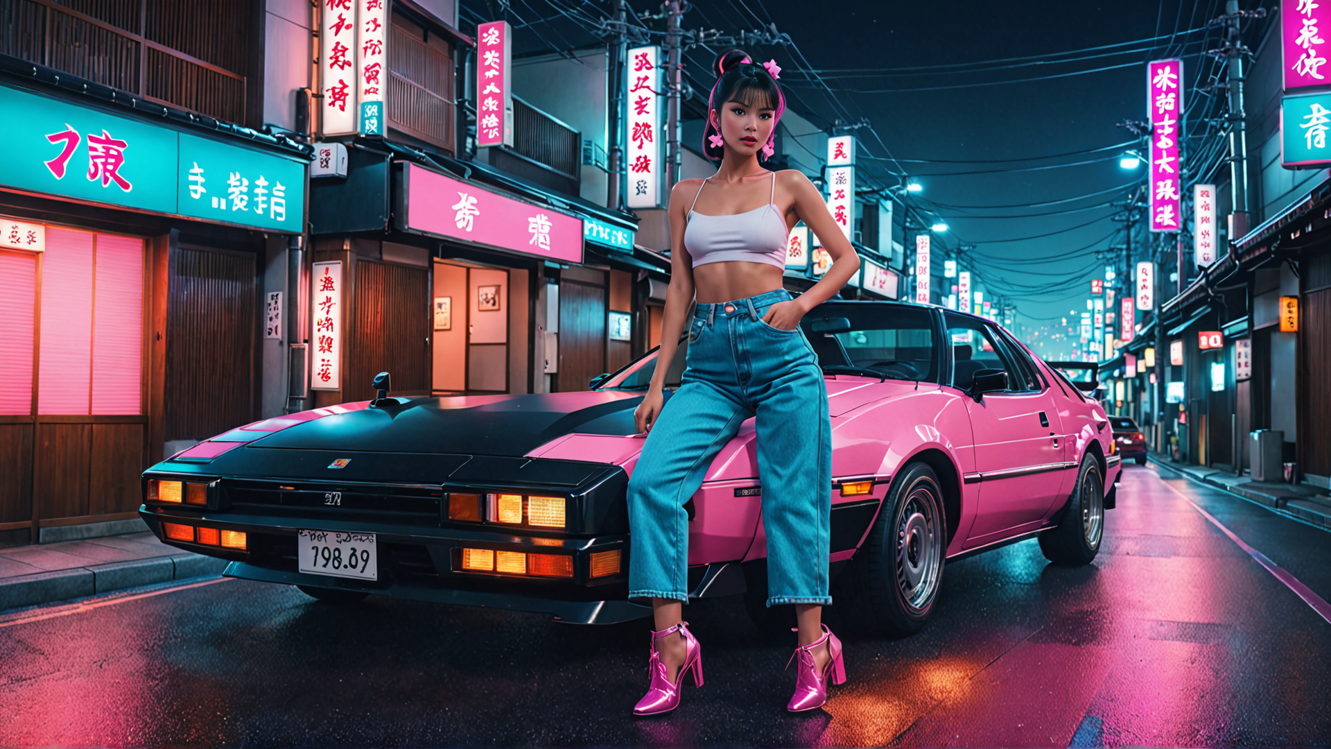 AI generated wallpaper featuring woman, car, street