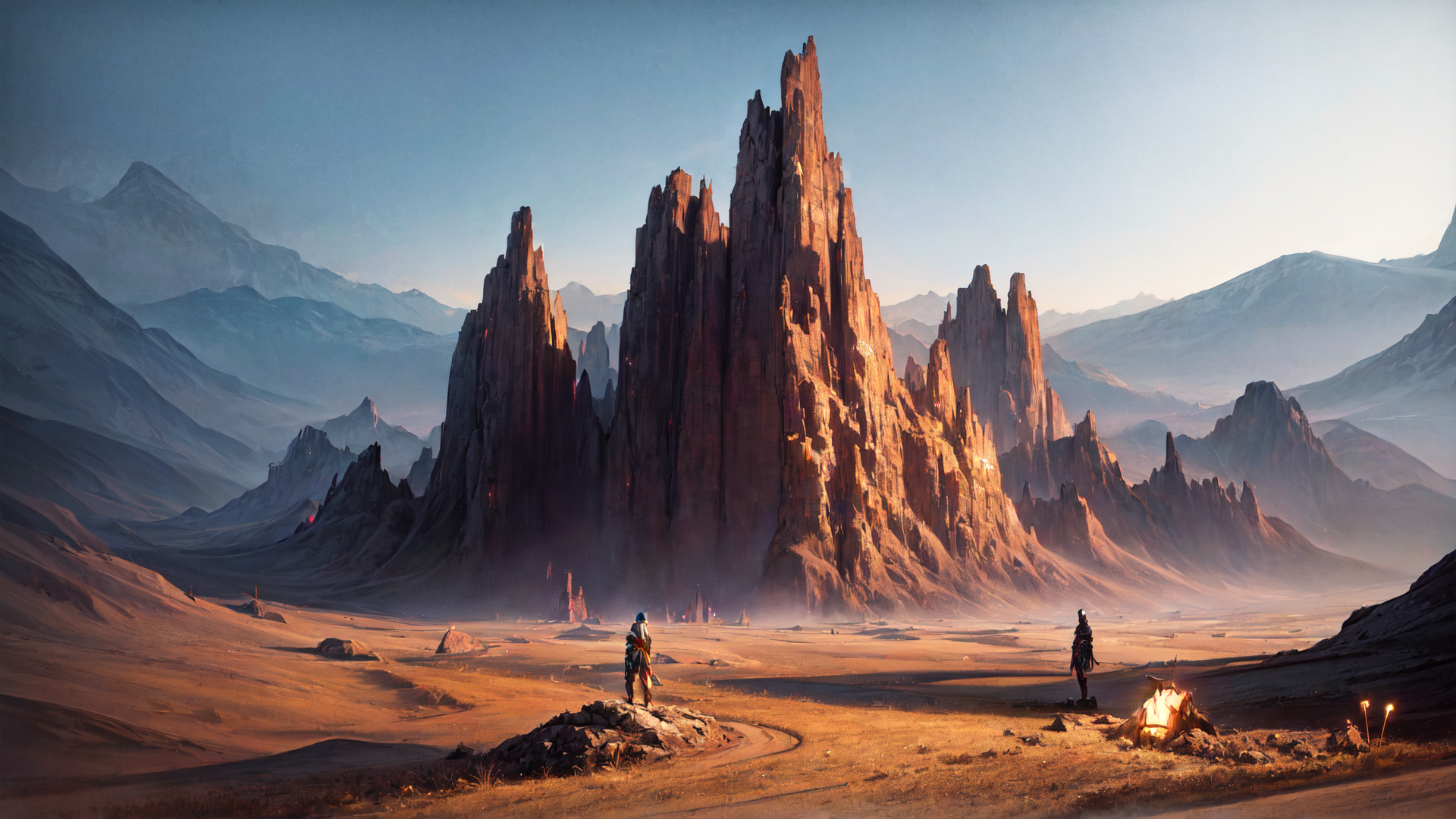 AI generated wallpaper featuring mountains, people, fire