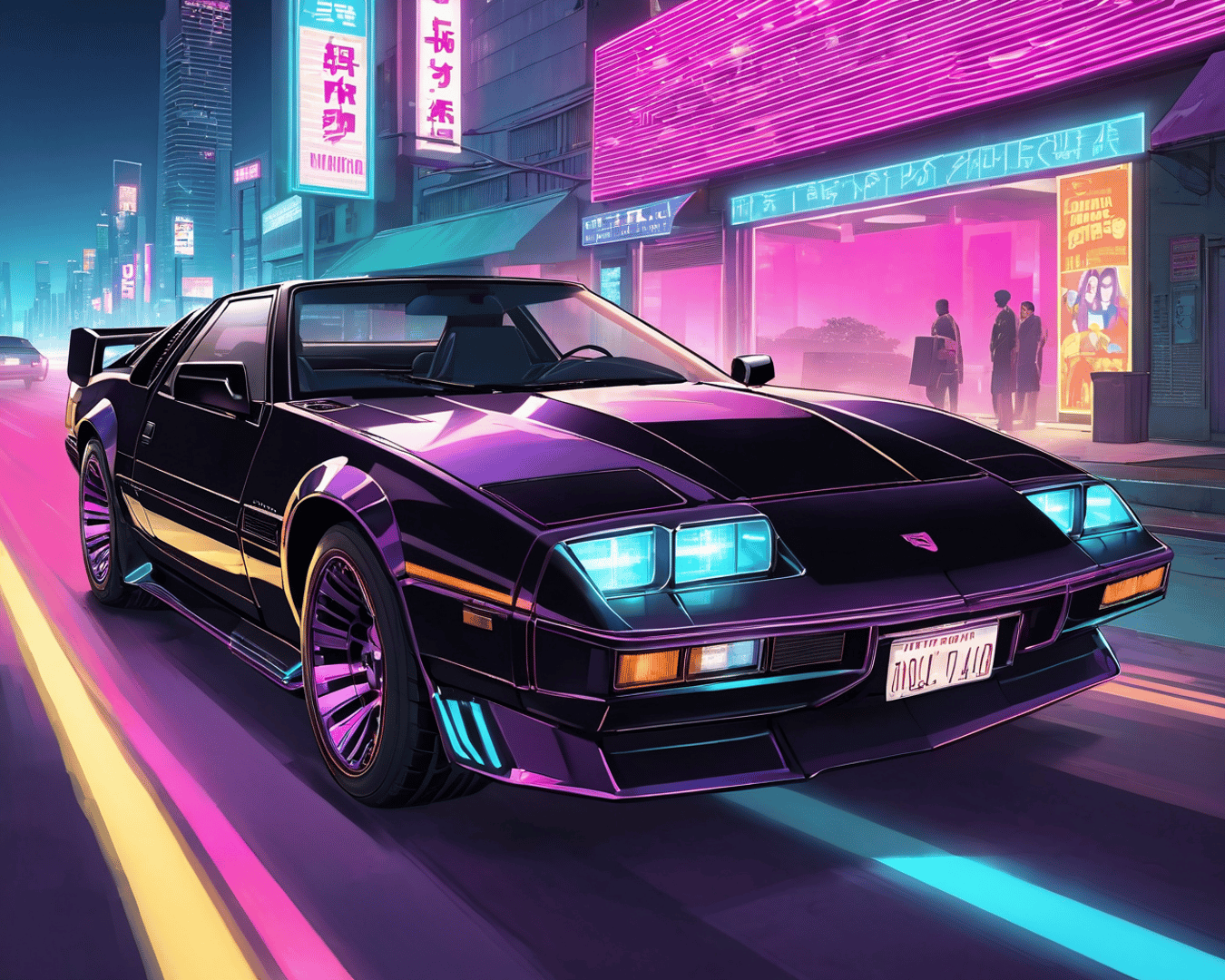 AI generated wallpaper featuring car, cityscape, neon