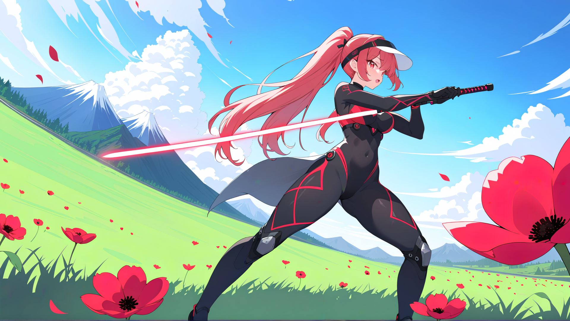 AI generated wallpaper featuring anime girl, sword, field