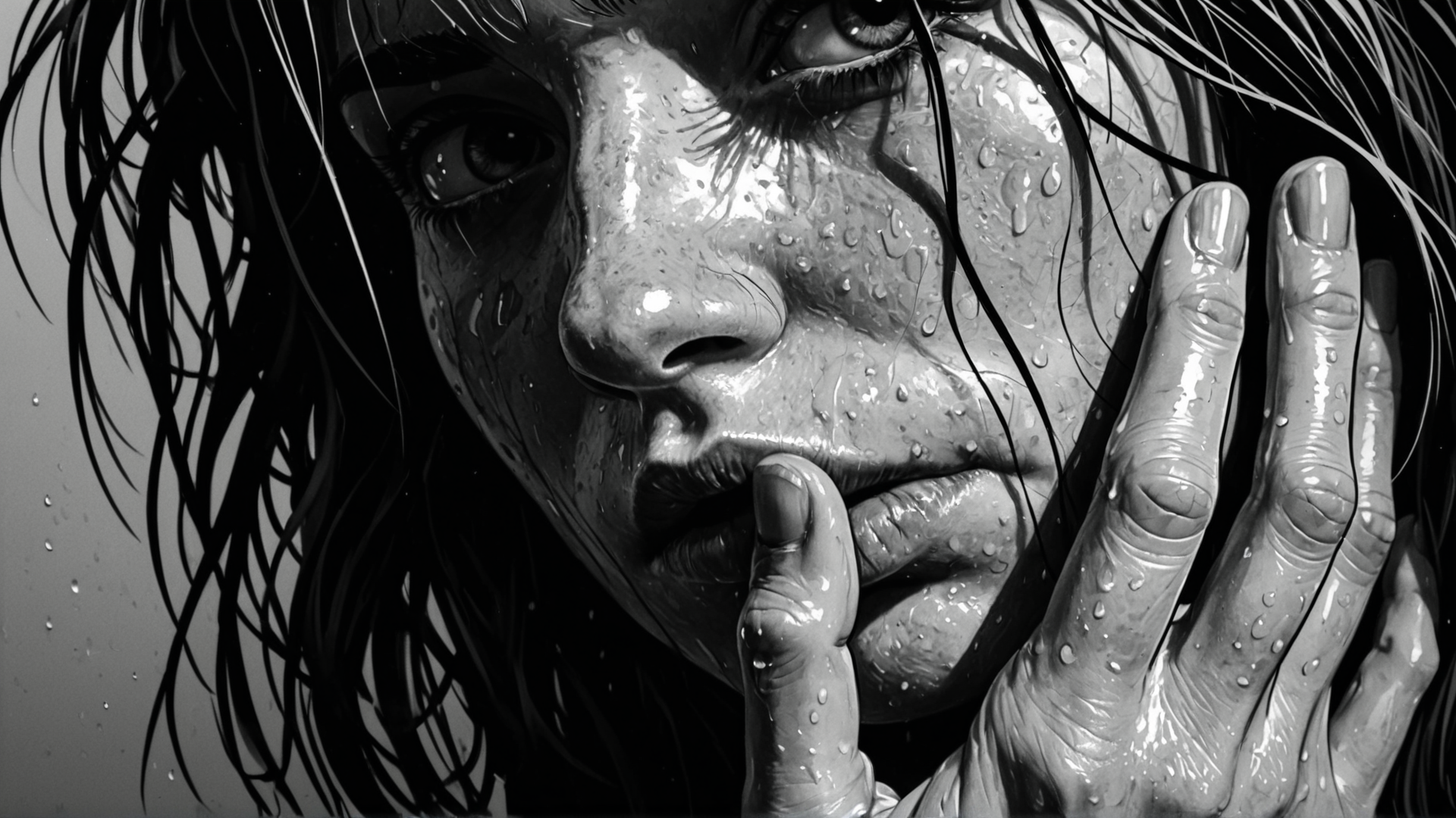 AI generated wallpaper featuring woman, face, hand, hair