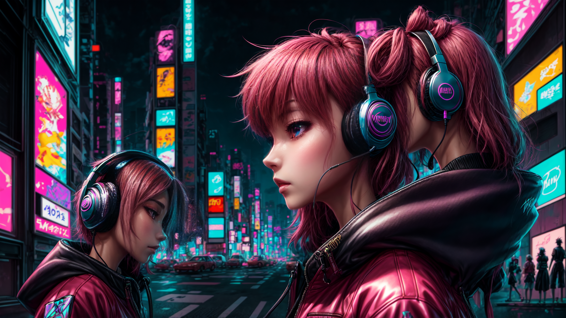 AI generated wallpaper featuring girls, headphones, city