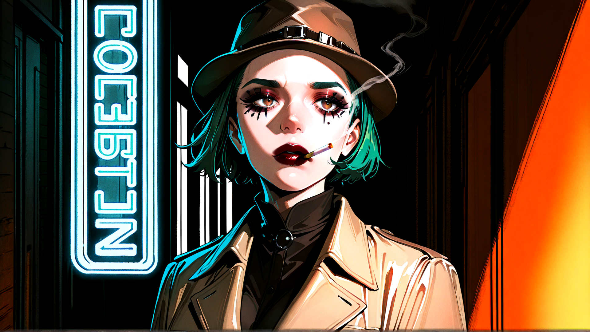 AI generated wallpaper featuring woman, neon sign, cigarette, hat, coat, green hair, city, urban, character, background