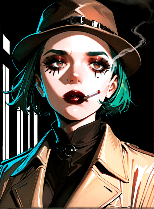 woman, neon sign, cigarette, hat, coat, green hair, city, urban, character, background