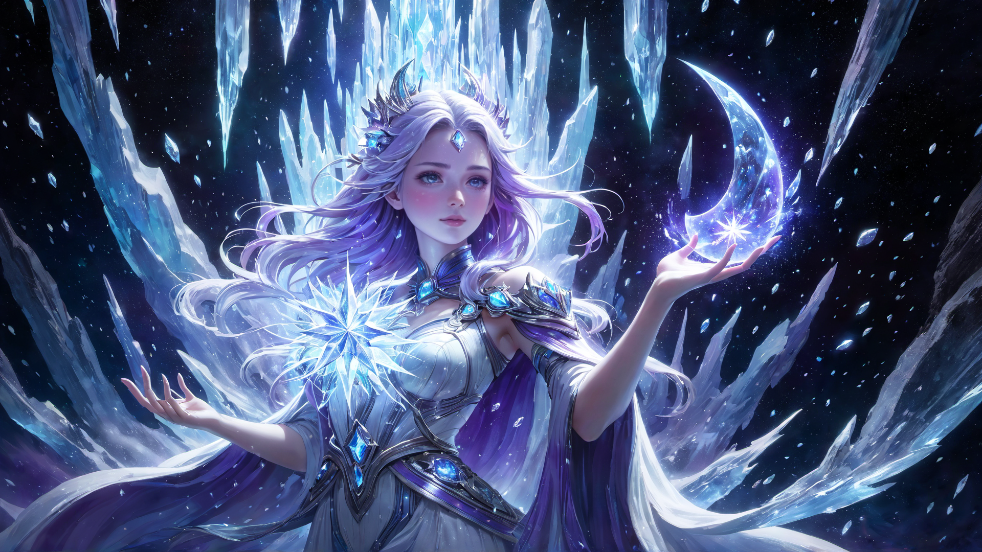 AI generated wallpaper featuring goddess, crystals, moon