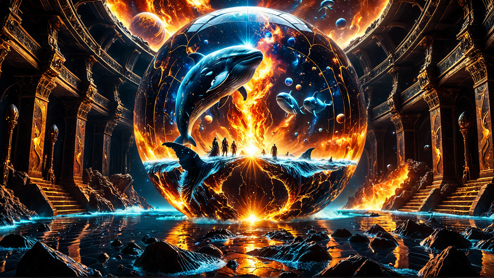 AI generated wallpaper featuring dolphin, planet, architectural, fire, water, figure, sphere, galaxy, ancient, building
