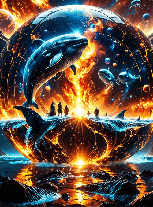 dolphin, planet, architectural, fire, water, figure, sphere, galaxy, ancient, building