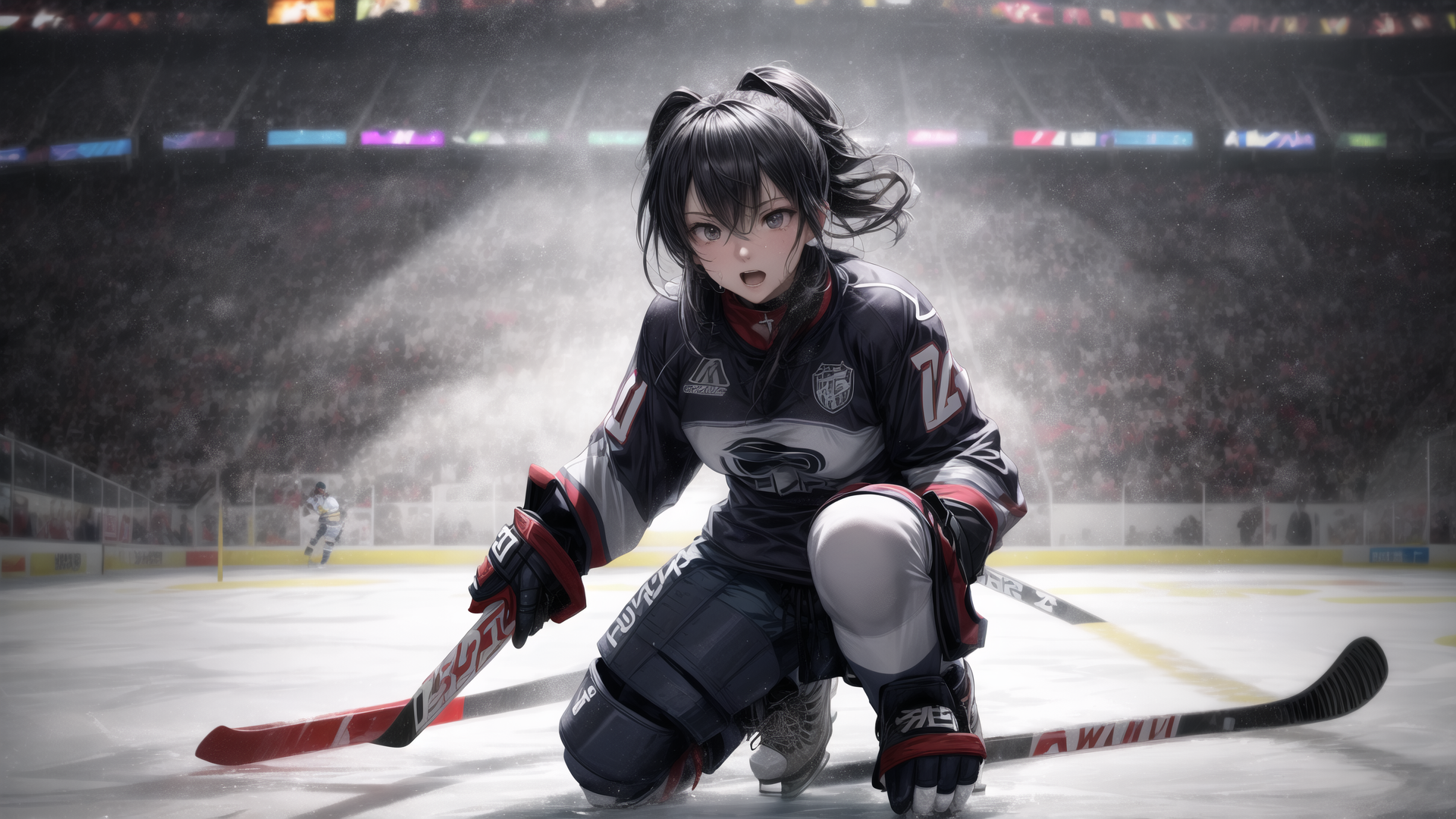 AI generated wallpaper featuring anime girl, hockey player, ice rink, hockey stick, knee pads, gloves, jersey, sneakers, crowd, rink