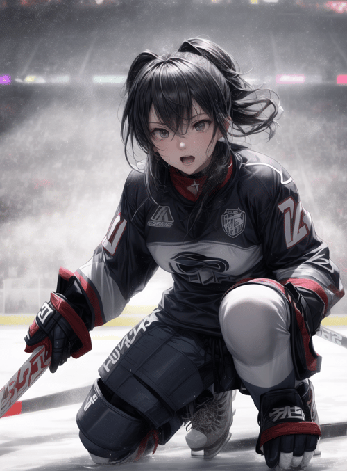 anime girl, hockey player, ice rink, hockey stick, knee pads, gloves, jersey, sneakers, crowd, rink