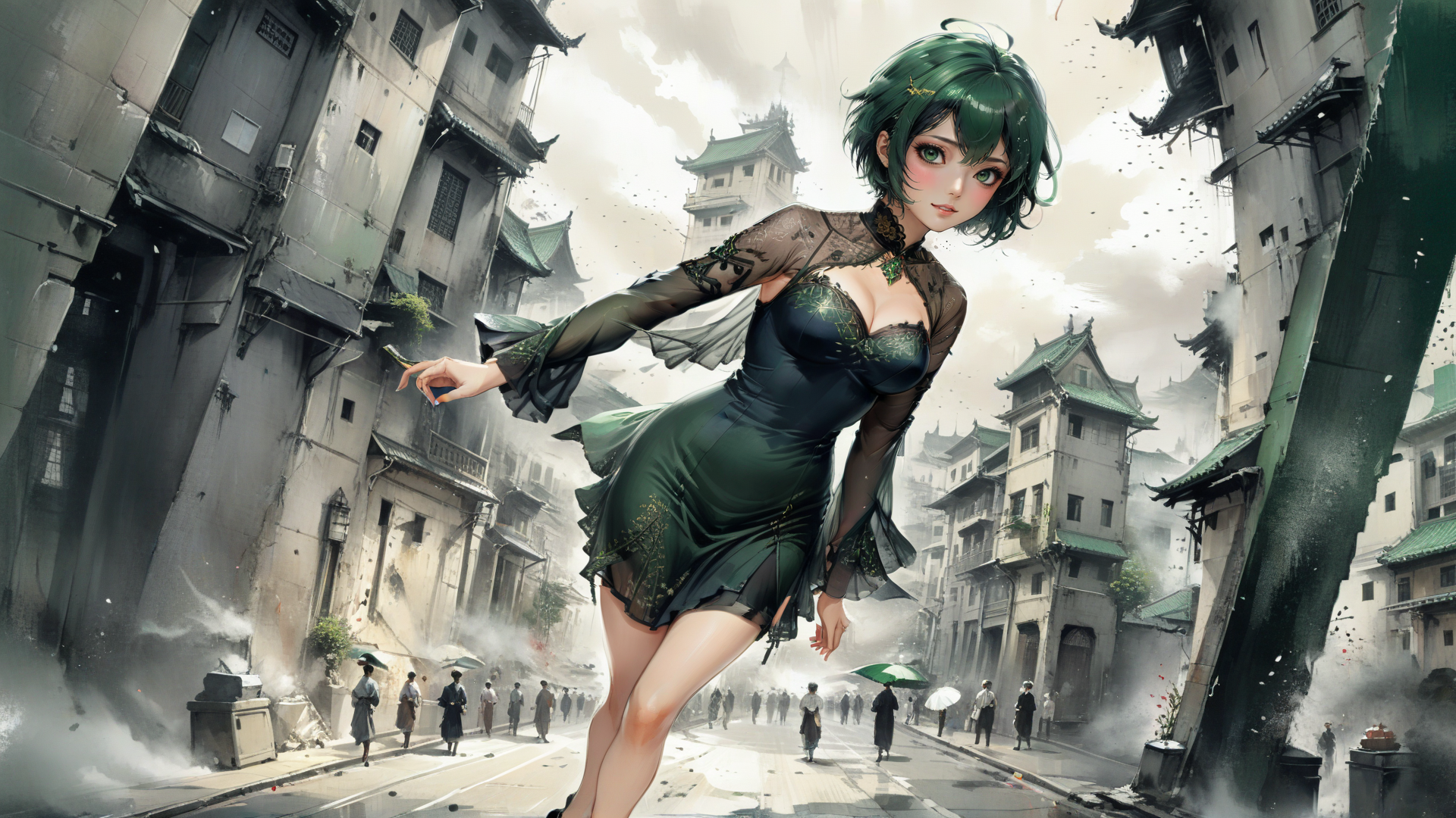 AI generated wallpaper featuring woman, city, buildings
