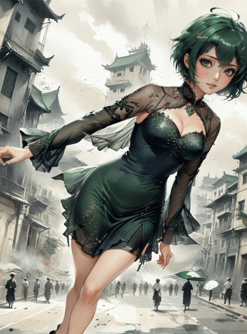 woman, city, buildings