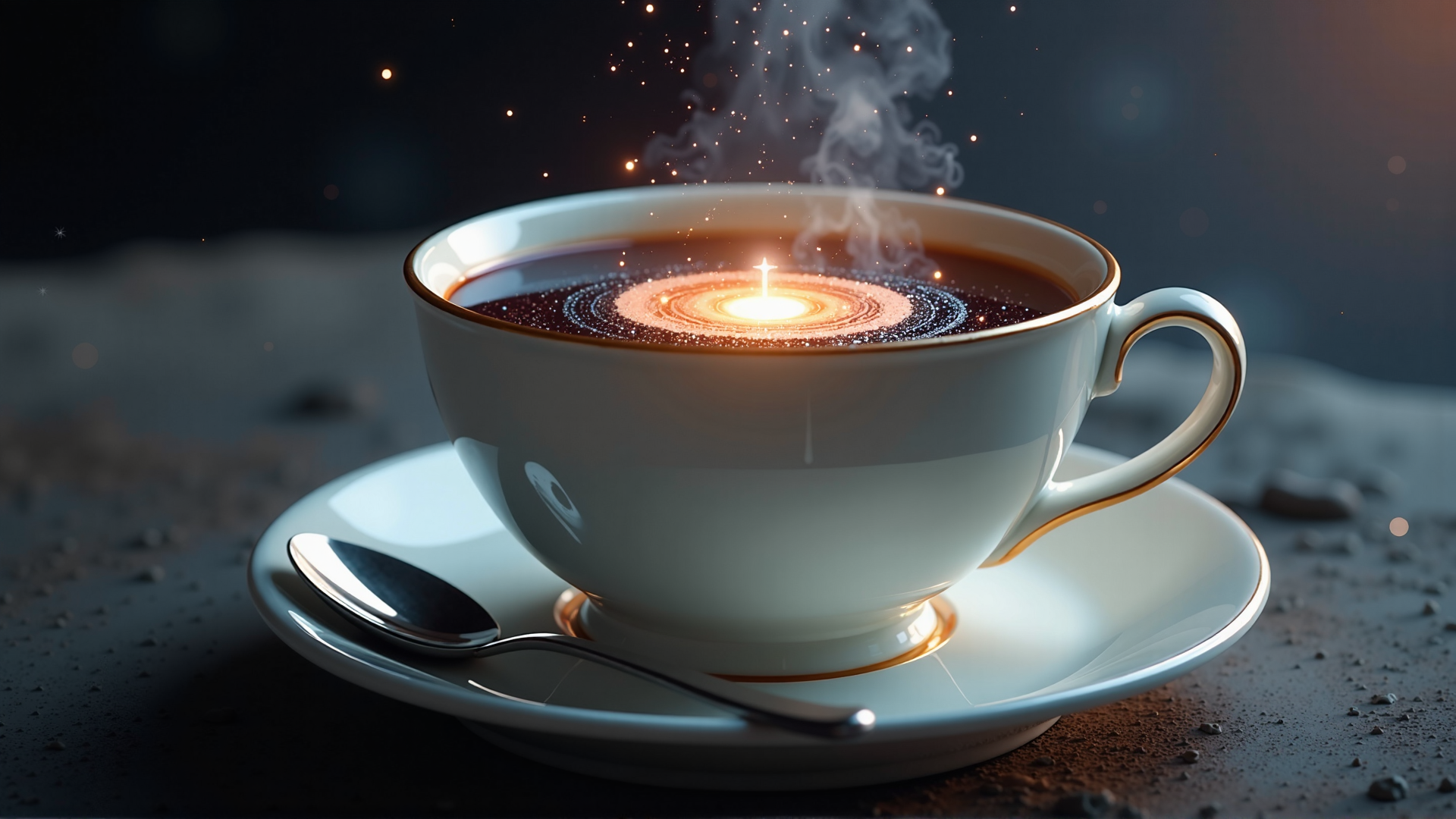 AI generated wallpaper featuring cup, coffee, spoon, saucer, galaxy, stars, steam, sparkles, candle, cosmos