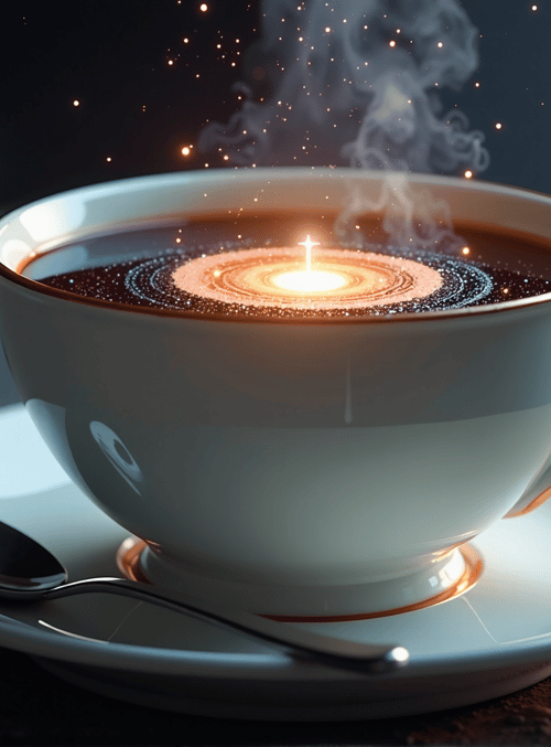 cup, coffee, spoon, saucer, galaxy, stars, steam, sparkles, candle, cosmos
