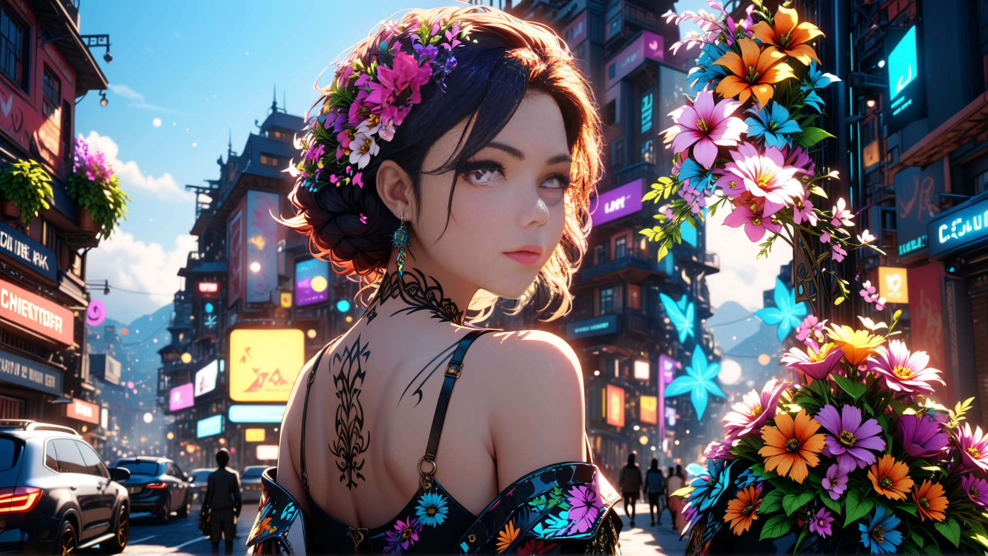 AI generated wallpaper featuring woman, flowers, city