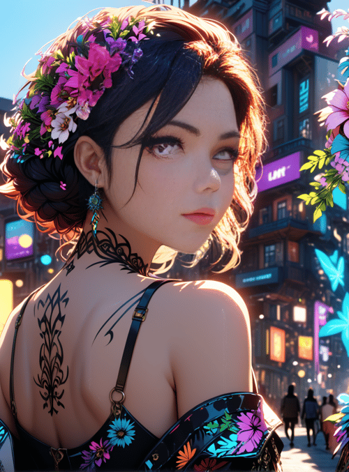 woman, flowers, city