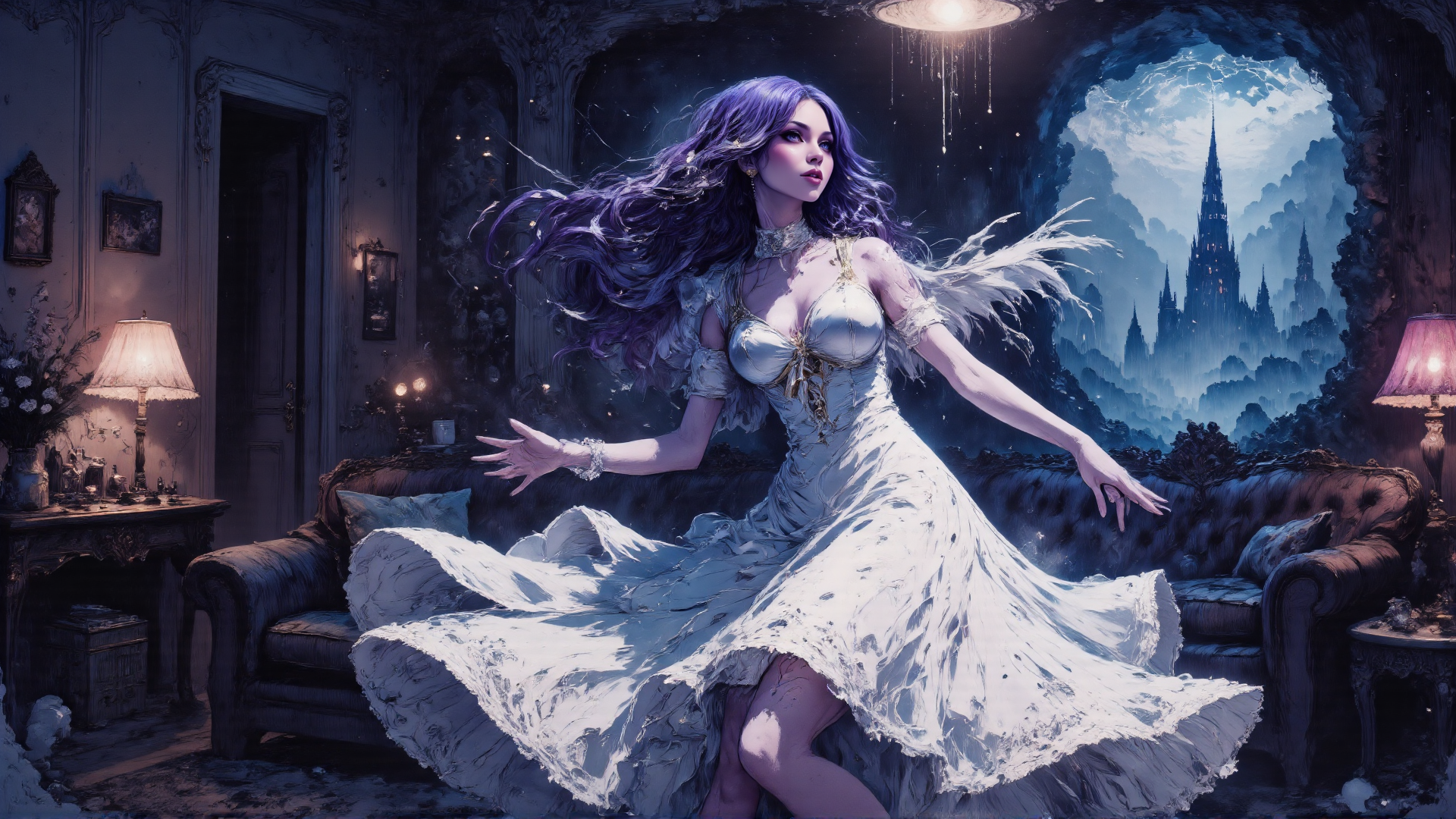 AI generated wallpaper featuring woman, dress, cathedral