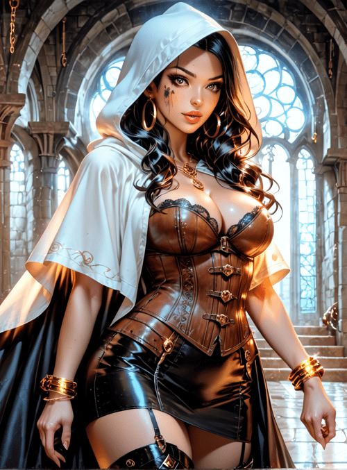 woman, hooded, corset, candle, coins