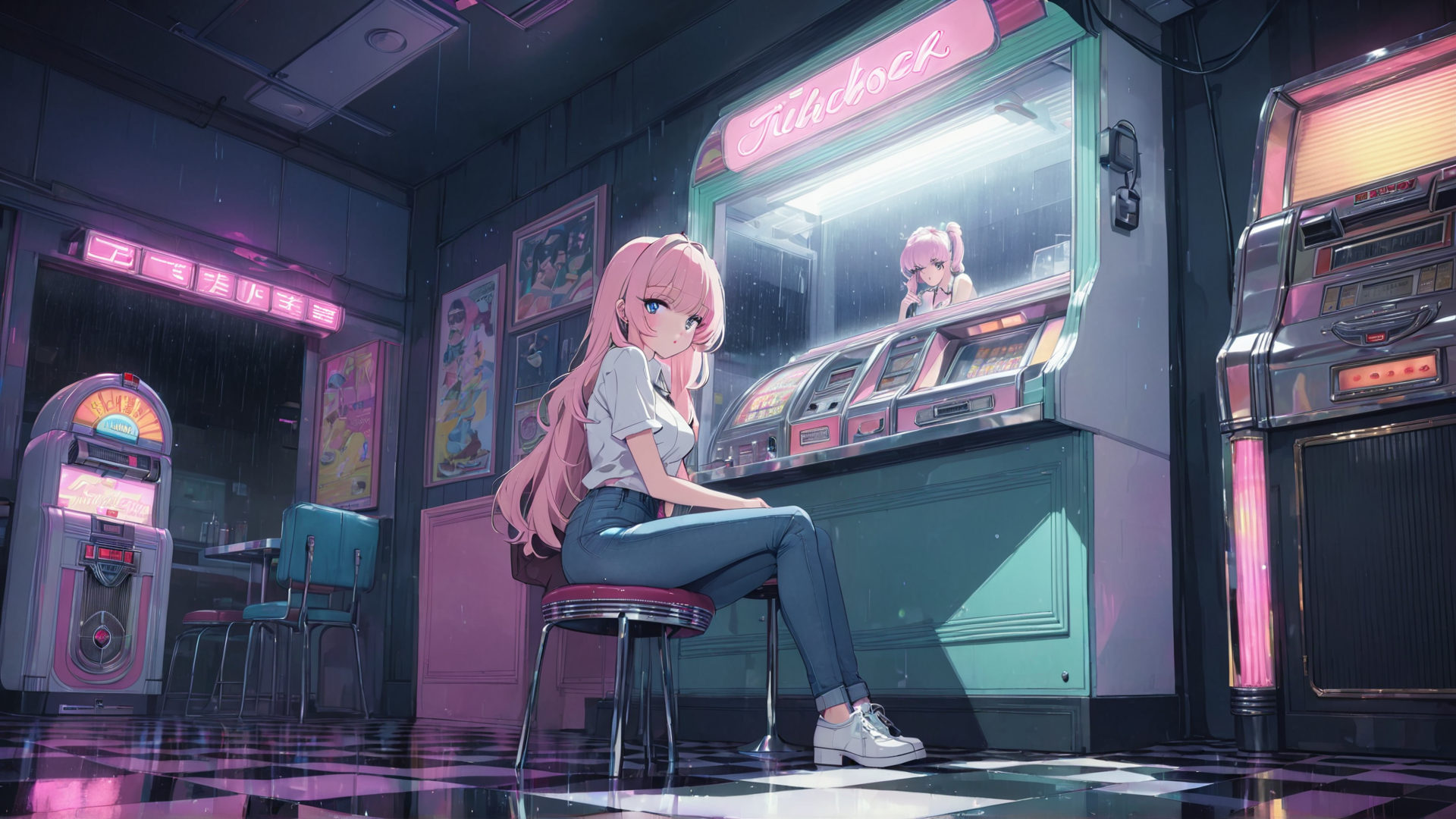 AI generated wallpaper featuring girl, jukebox, arcade