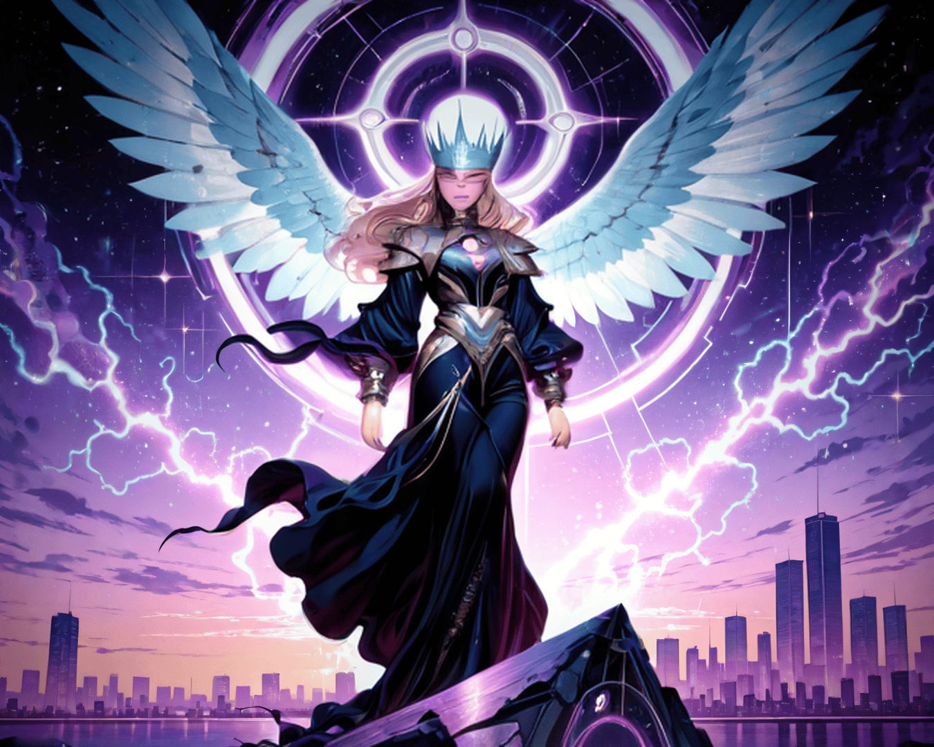 AI generated wallpaper featuring angel, queen, city