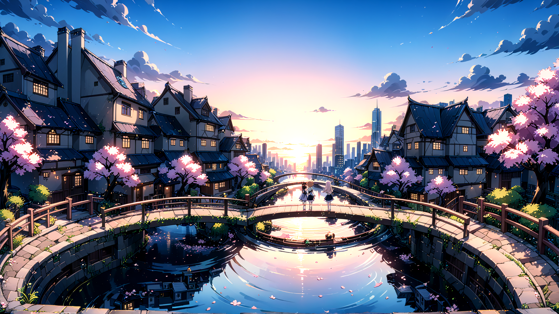 AI generated wallpaper featuring girls, bridge, cherry blossoms