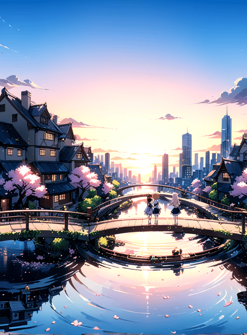 girls, bridge, cherry blossoms