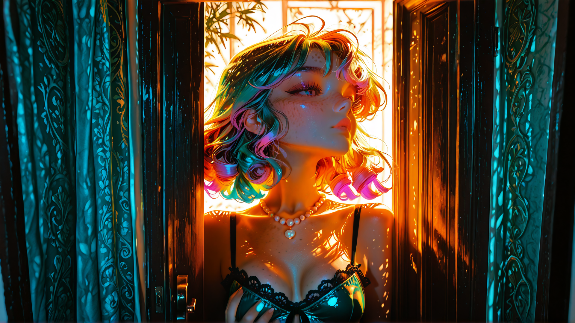 AI generated wallpaper featuring woman, hair, door, curtains, necklace, bra