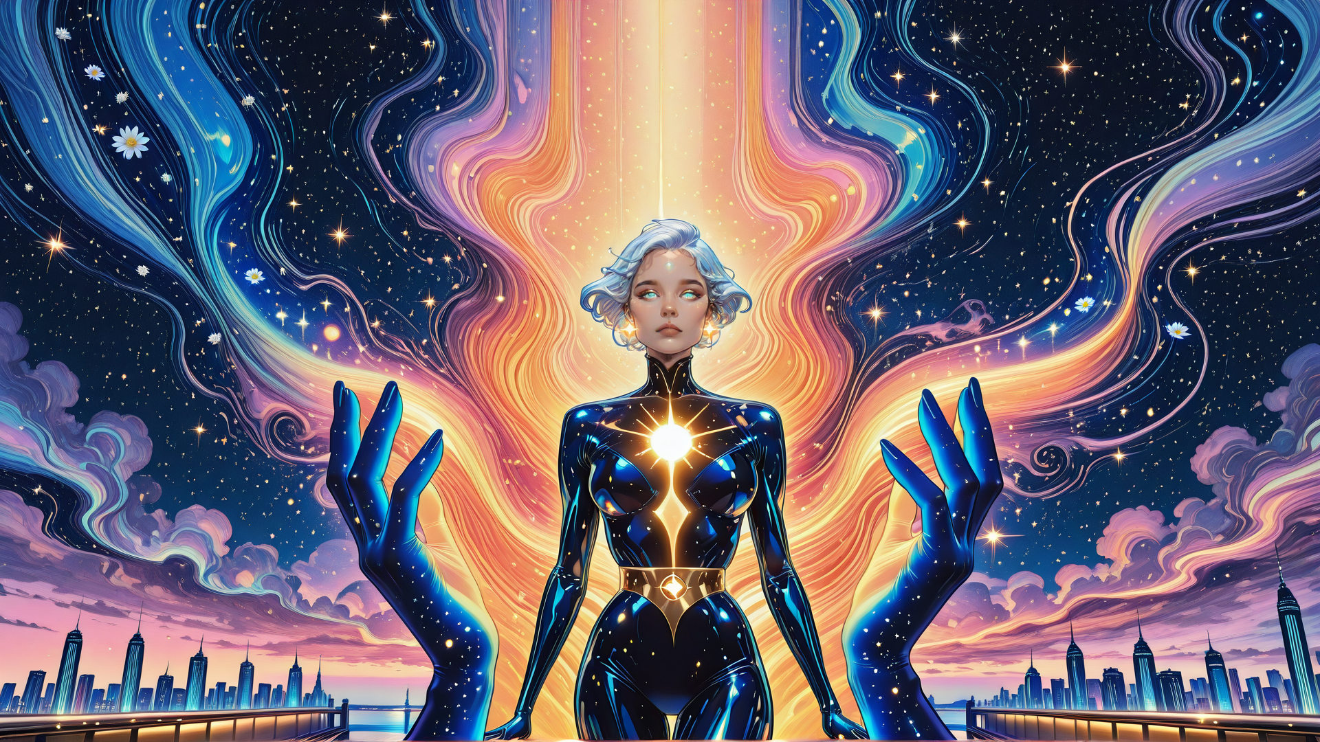 AI generated wallpaper featuring woman, hands, city, stars, clouds, light, flowers, aurora