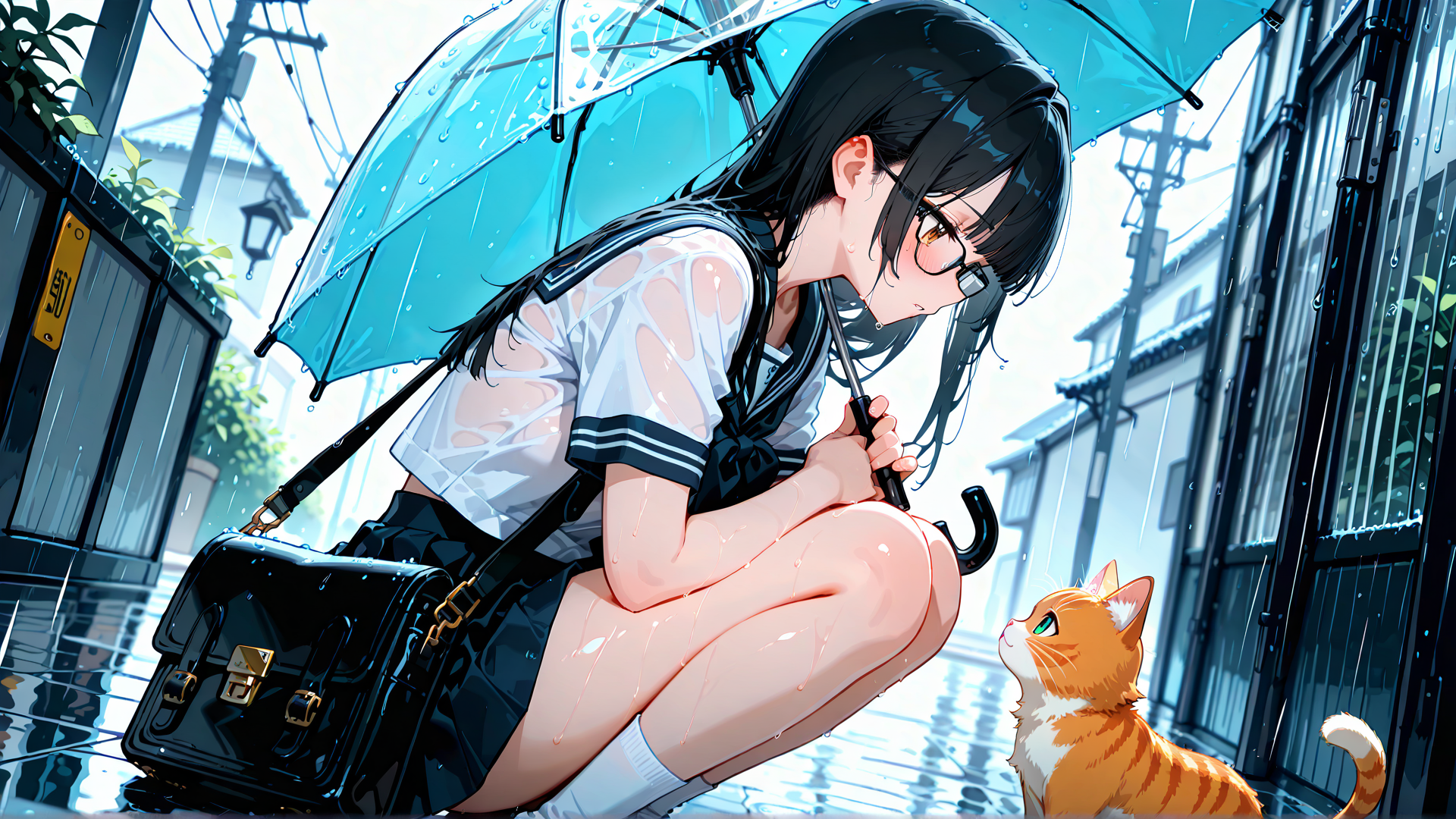 AI generated wallpaper featuring girl, cat, umbrella, street, rain